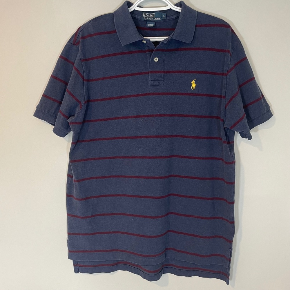 Polo Ralph Lauren Mens L Striped Cotton Polo Shirt Navy Burgundy‎ Yellow Pony